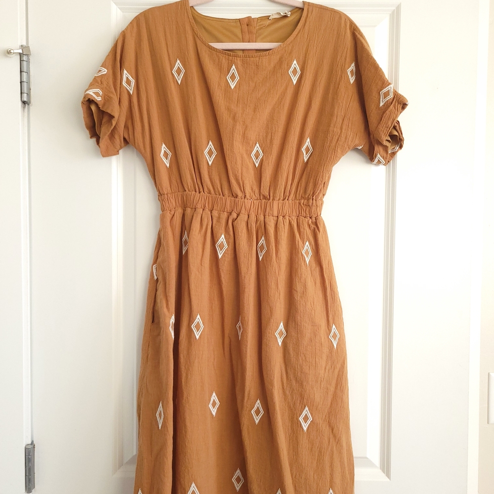 Roolee Tan Midi Dress with White Diamond Patterns